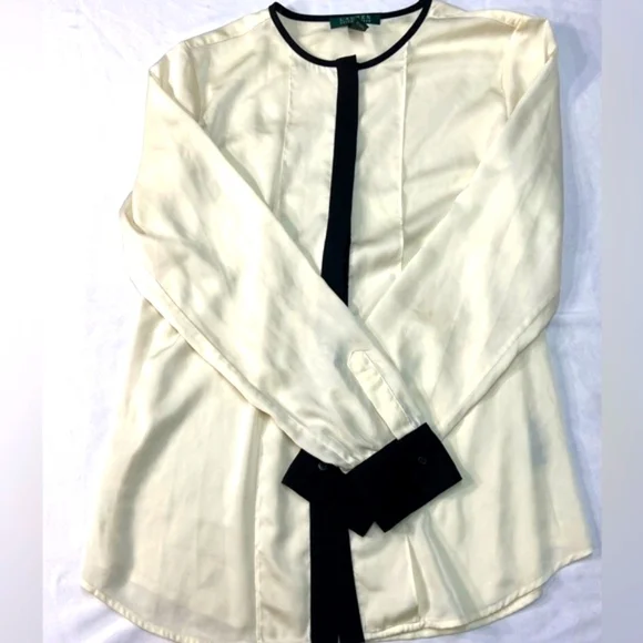 Ralph Lauren Cream w/ Black Trim Blouse Medium - Picture 2 of 6